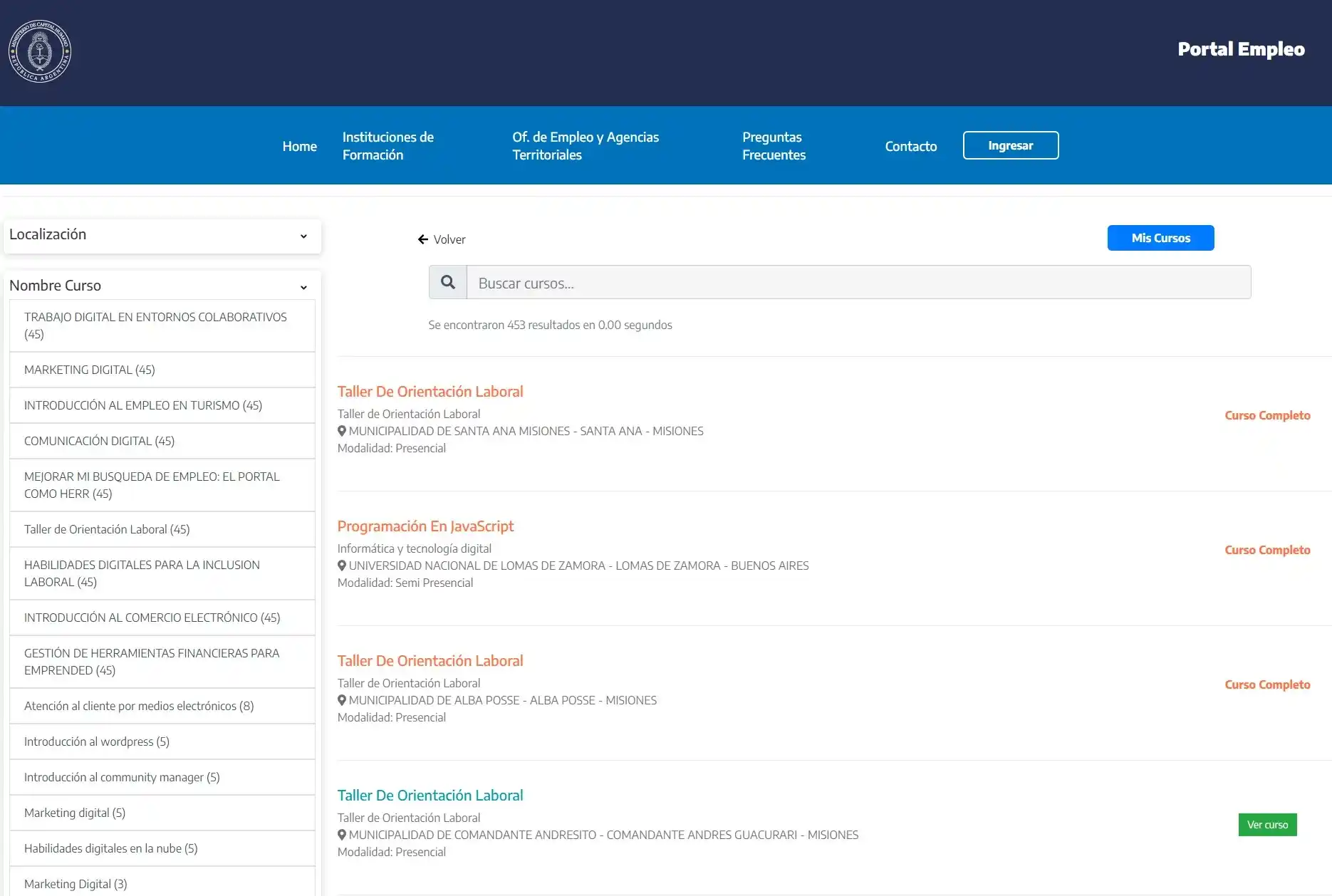 Volver al trabajo: Buscador de cursos